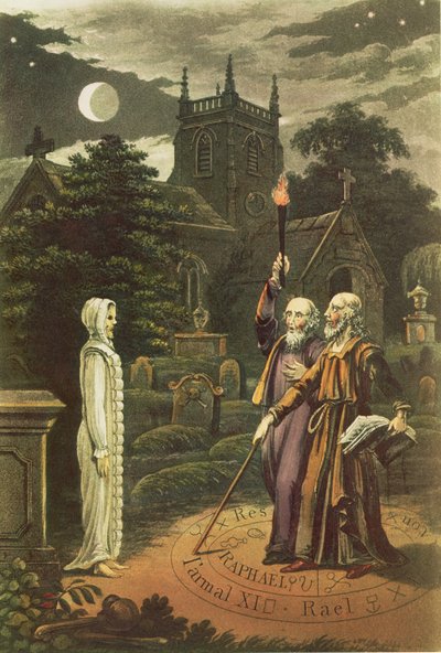 Edward Kelly a magician, and his partner the mathematician and astrologer, John Dee raising a ghost by English School